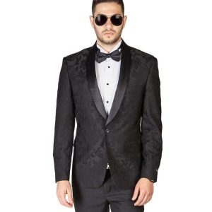 Slim Fit 1 Button Black Shawl Lapel Satin Collar Floral Tuxedo Dinner Jacket