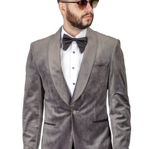 Slim Fit 1 Button Grey Velvet Shawl Dinner Jacket