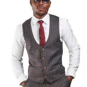 Slim Fit Bronze Dress Vest Round Collar 4 Buttons Windowpane 35071