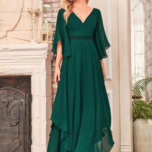 V-neck Flutter Sleeve Ruffle A-line Mother of the Bride Dress