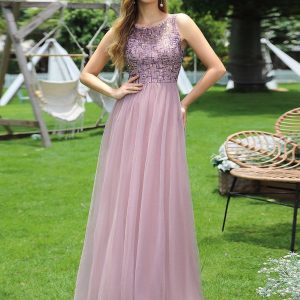 Adorable Round Neck Tulle Backless Evening Dress with Paillette