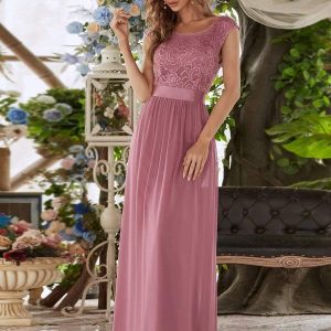 Classic Round Neck V Back Lace Bodice Bridesmaid Dress
