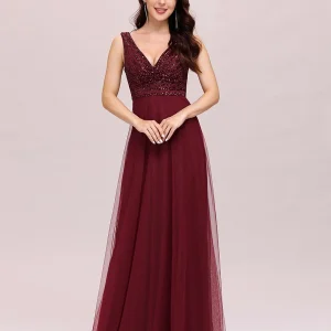 Double V Neckline Flowy Tulle Evening Dress with Sequin Stripes