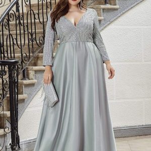 Elegant V-Neck Sequin Print Plus Size Evening Gowns for Women