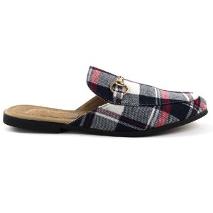 Blue Plaid Backless Slip On Gold Buckle Loafer