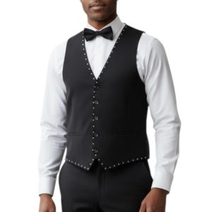 Slim Fit Men’s Black Dress Vest Handmade Silver Studs Rhinestones Design Formal Fashion